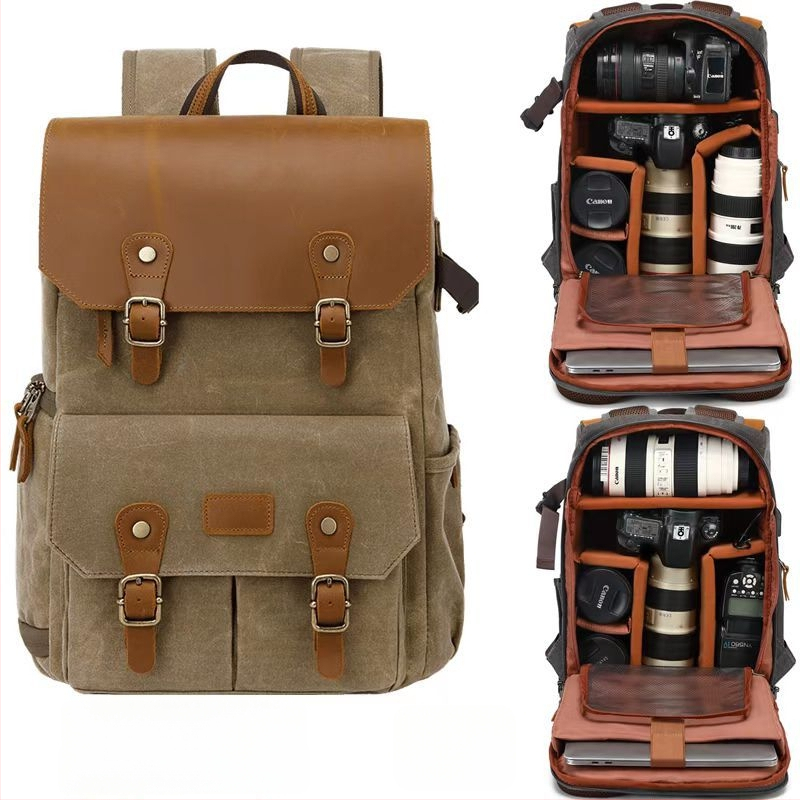 Drobės kameros kuprinė, suderinama su Canon/Nikon/Sony DSLR ir be veidrodinių kamerų — atspari vandeniui, vagystėms, dėvėjimui atspari, su oro pagalvės diržu