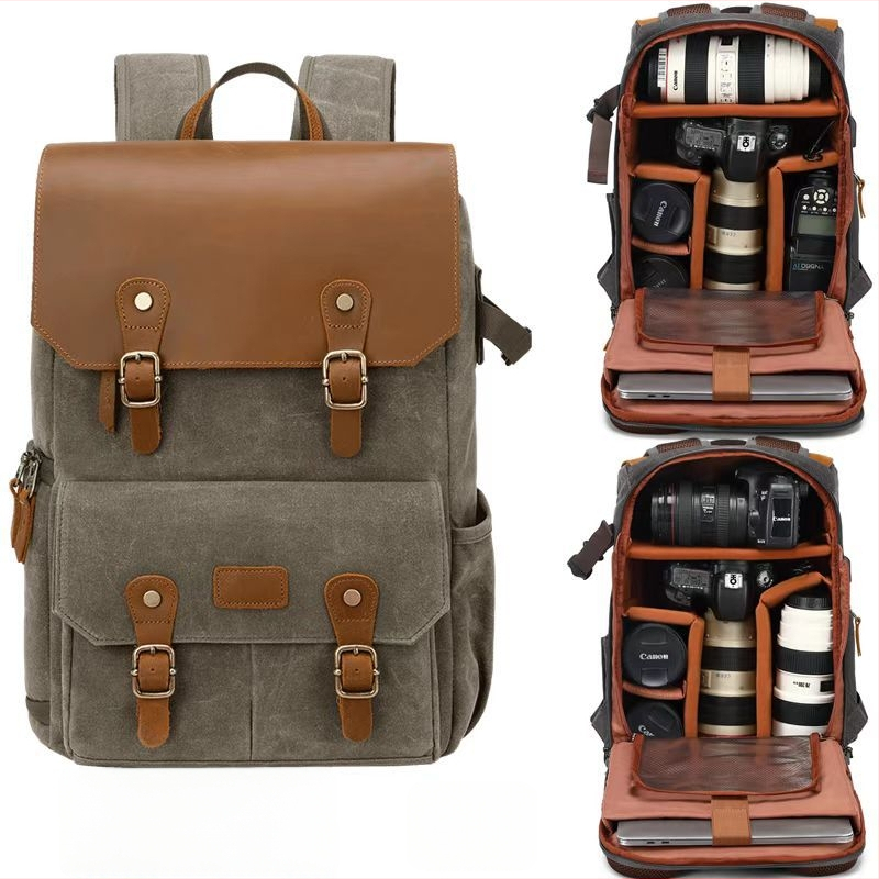 Drobės kameros kuprinė, suderinama su Canon/Nikon/Sony DSLR ir be veidrodinių kamerų — atspari vandeniui, vagystėms, dėvėjimui atspari, su oro pagalvės diržu