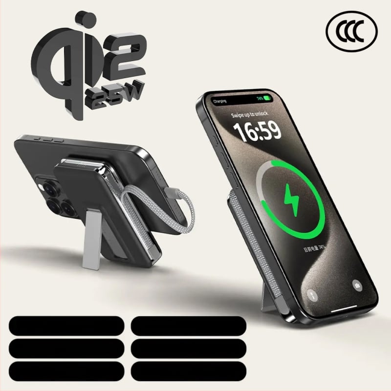 Power Bank ar solid-state bateriju, iebūvētu statīvu un magnētisku bezvadu uzlādi 25W, Qi2.2 protokols, maksimālā izeja 35W