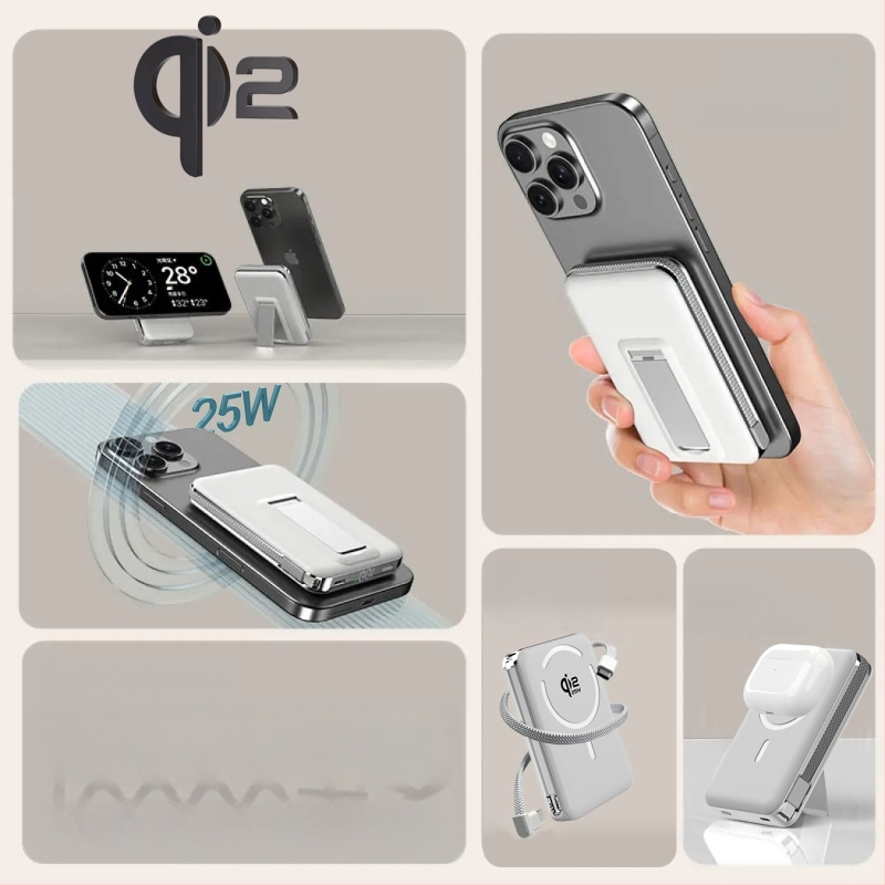 Power Bank ar solid-state bateriju, iebūvētu statīvu un magnētisku bezvadu uzlādi 25W, Qi2.2 protokols, maksimālā izeja 35W