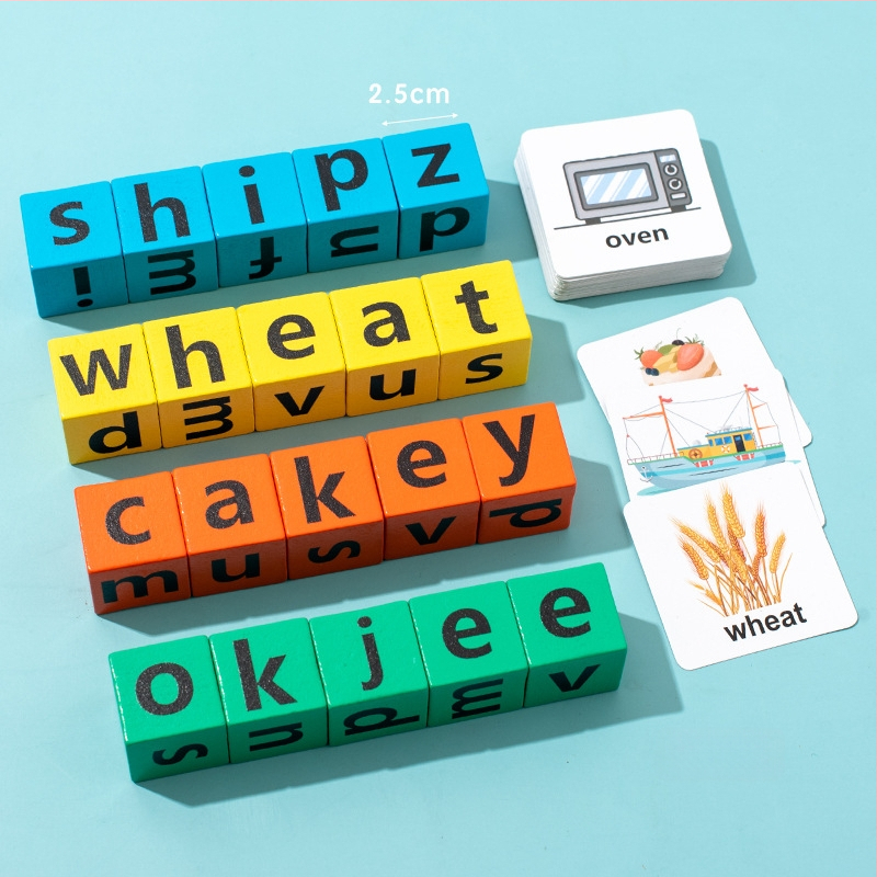 Medinės žodžių kortelės Montessori ankstyvajai ugdymui – statybiniai blokai vaikams 4–6 metų, žodžių rašymas, OEM logotipas