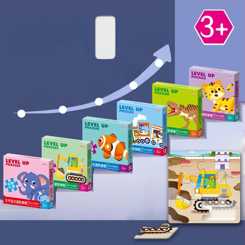 Пъзел карти: 5-10 карти с животни, динозаври и строителни машини; хартия; за деца 0-3 г.; цветна кутия.