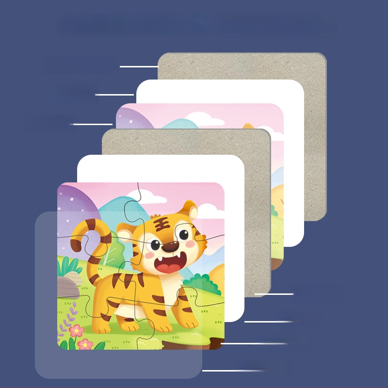 Пъзел карти: 5-10 карти с животни, динозаври и строителни машини; хартия; за деца 0-3 г.; цветна кутия.