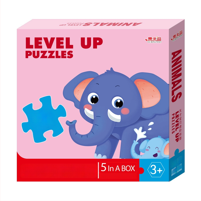 Пъзел карти: 5-10 карти с животни, динозаври и строителни машини; хартия; за деца 0-3 г.; цветна кутия.