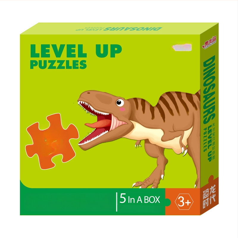 Пъзел карти: 5-10 карти с животни, динозаври и строителни машини; хартия; за деца 0-3 г.; цветна кутия.