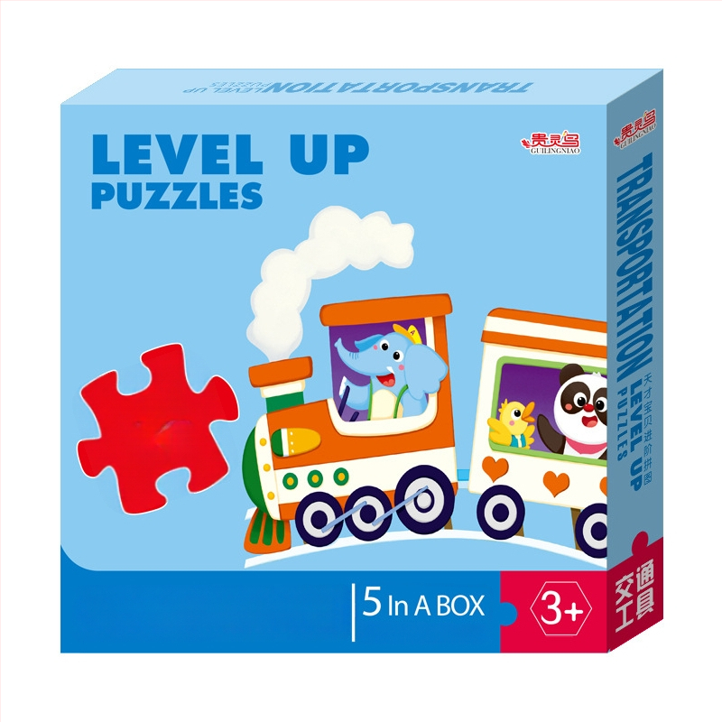 Пъзел карти: 5-10 карти с животни, динозаври и строителни машини; хартия; за деца 0-3 г.; цветна кутия.