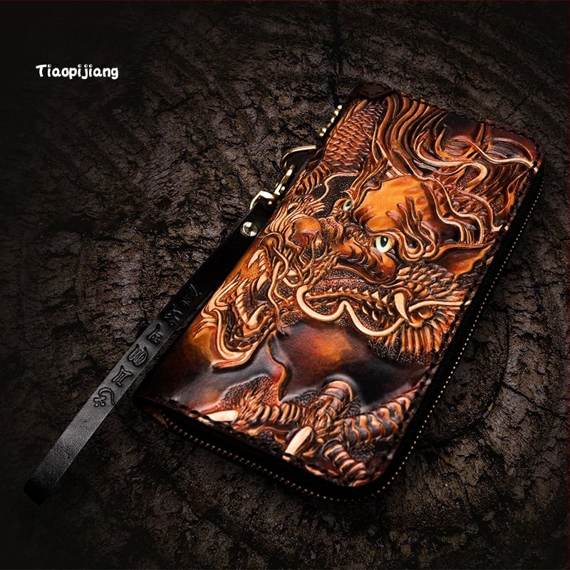 Naudas maks no īstas ādas, roku gravēts ādas raksts ar dzīvnieku motīvu, pirmās kārtas liellopu āda, Naughty Craftsman