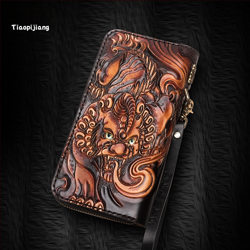 Naudas maks no īstas ādas, roku gravēts ādas raksts ar dzīvnieku motīvu, pirmās kārtas liellopu āda, Naughty Craftsman