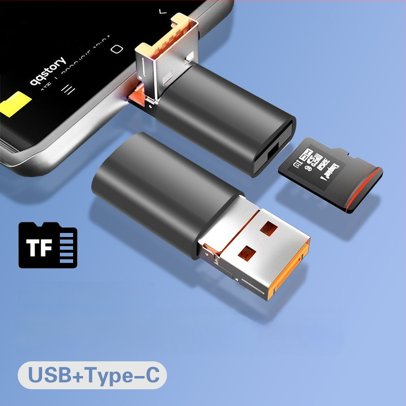 Двоен четец за карти USB 2.0; TF карта поддръжка; метален корпус; за мобилни устройства и компютри