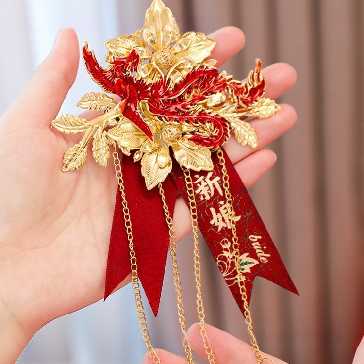 Pora vestuvinių corsage su drakono ir fenikso motyvais, jaunikiui ir nuotakai, kiniško stiliaus pilnas komplektas