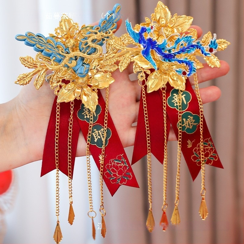 Pora vestuvinių corsage su drakono ir fenikso motyvais, jaunikiui ir nuotakai, kiniško stiliaus pilnas komplektas