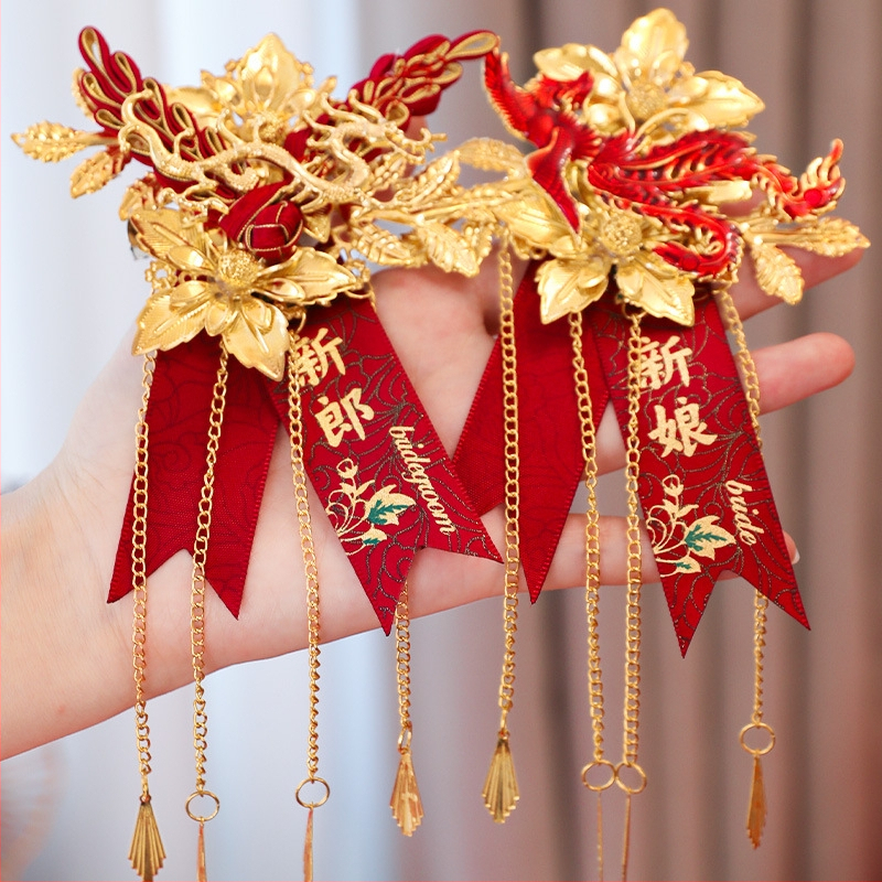 Pora vestuvinių corsage su drakono ir fenikso motyvais, jaunikiui ir nuotakai, kiniško stiliaus pilnas komplektas