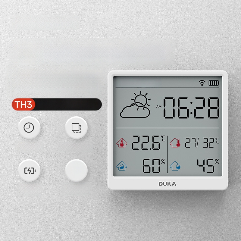 Домашен термометър и хигромер със Wi‑Fi, стенен монтаж, високопрецизен цифров дисплей, интелигентен будилник и метеорологична станция