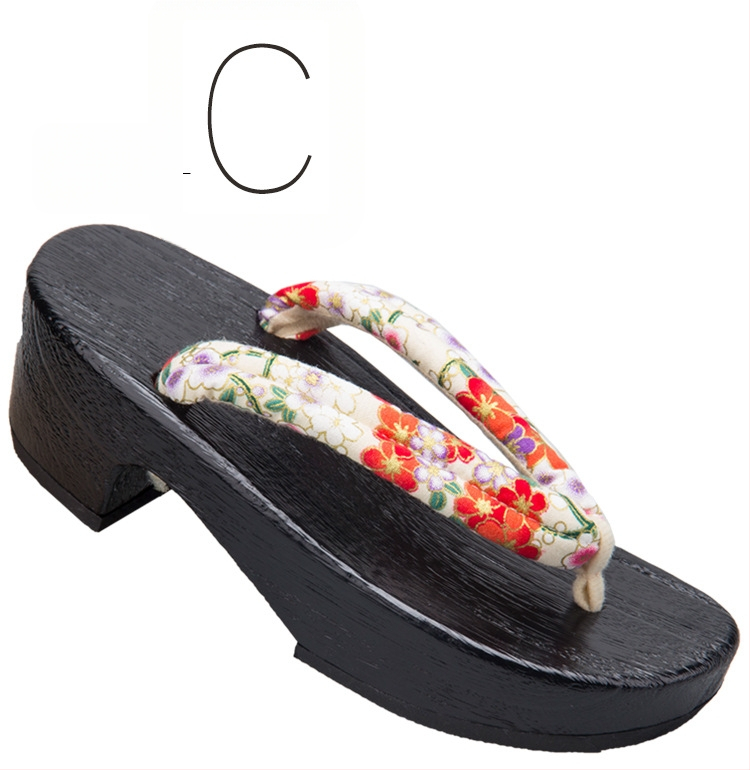 Moterų gėlių etninės klogų sandalai su medvilnine viršūne, medinė pada, kulnas 3–5 cm, stora padas 5–8 cm