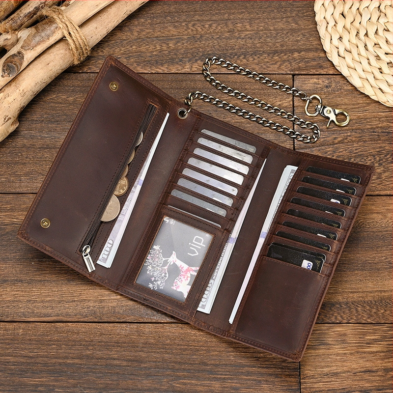 Vīriešu garais ādas portfelis no īstas ādas, bi-fold, pirmās kārtas liellādas āda, aizsardzība pret zādzību, izturīgs pret nolietošanos