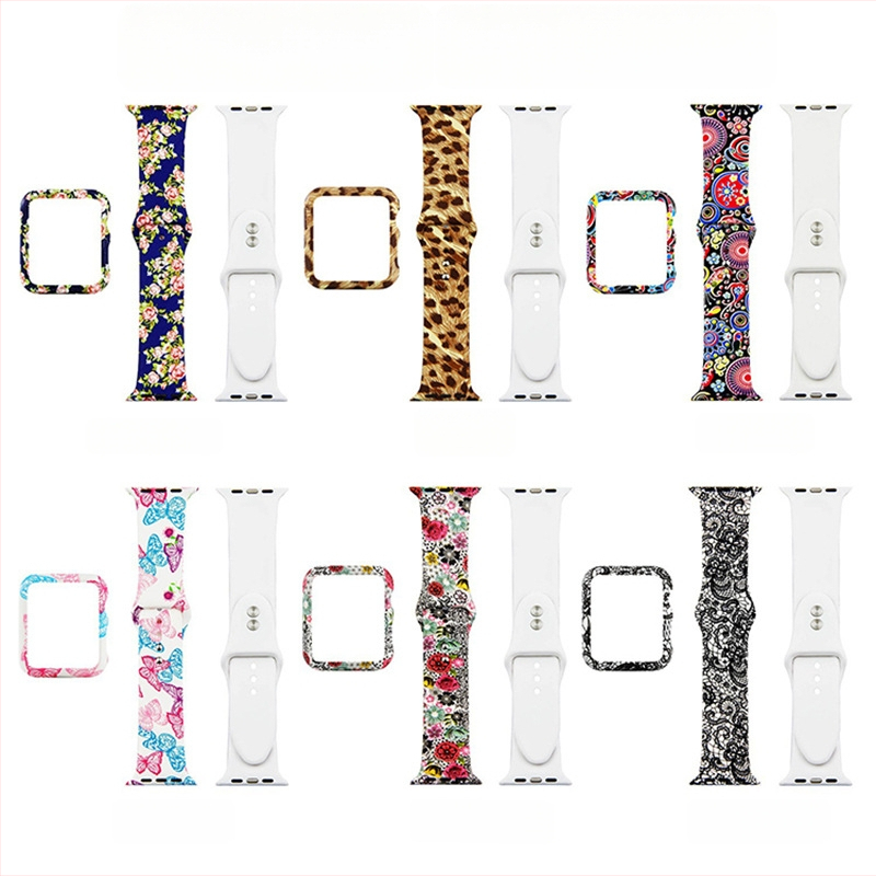 Apple Watch защитна кутия с леопардов мотив и дантела — силикон+PC, 22 мм прав интерфейс, силиконов ремък, съвместим с 135792