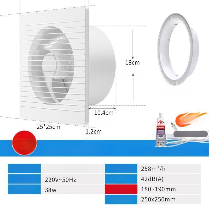 Fali szerelésű ventilátor, háromlapátos, csendes, réz motor, távirányító, konyha- és fürdőszobai szellőztetéshez
