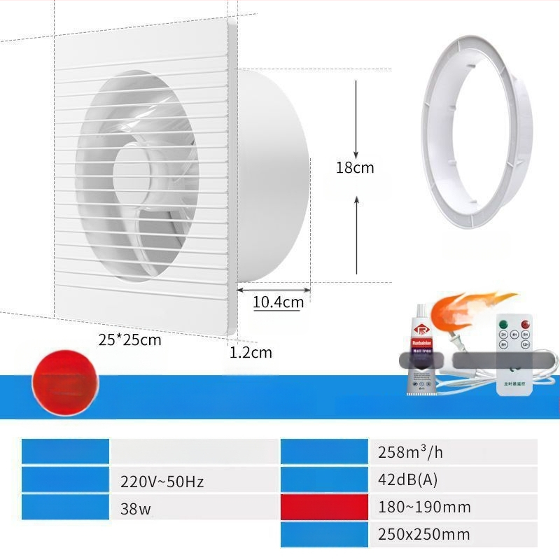 Fali szerelésű ventilátor, háromlapátos, csendes, réz motor, távirányító, konyha- és fürdőszobai szellőztetéshez