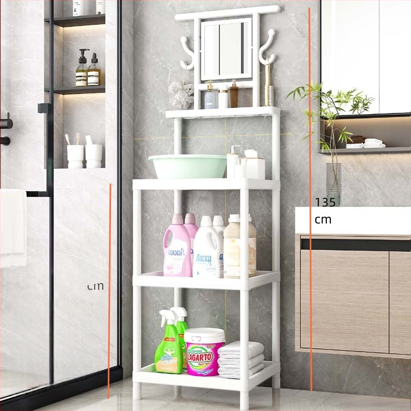 Raft de lavoar cu 3 etaje, pe podea, cu oglindă, din plastic, design simplu și modern pentru baie, mobil, montaj fără găuri