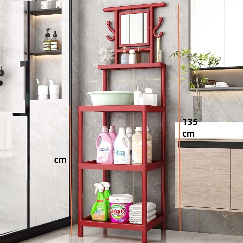 Raft de lavoar cu 3 etaje, pe podea, cu oglindă, din plastic, design simplu și modern pentru baie, mobil, montaj fără găuri