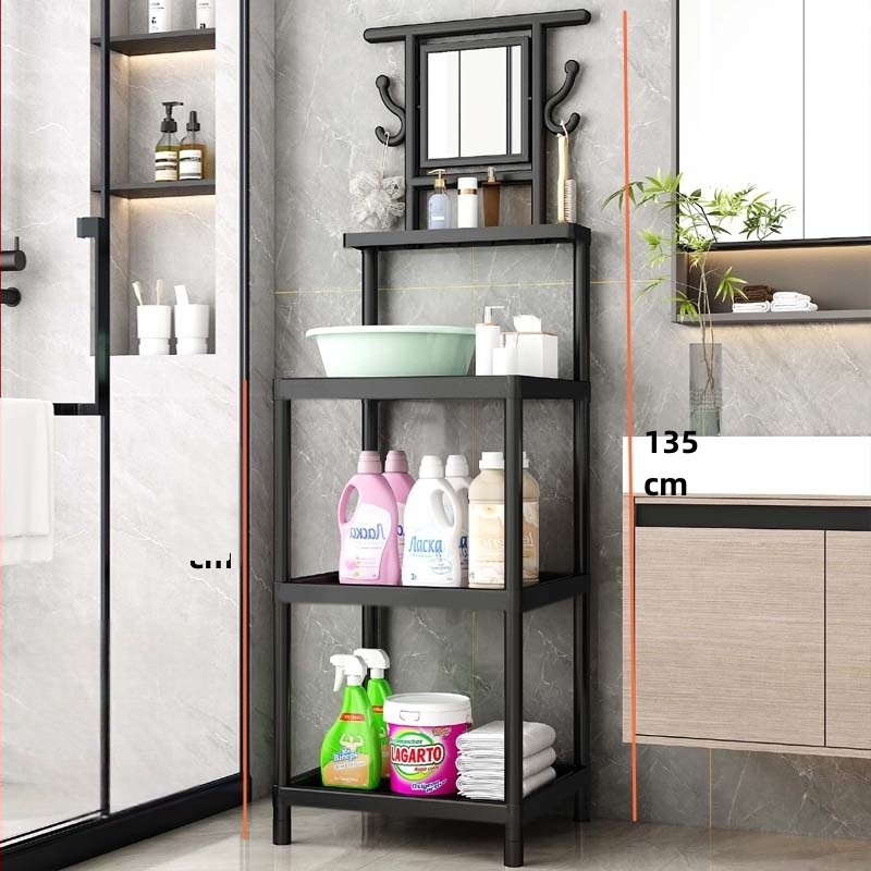 Raft de lavoar cu 3 etaje, pe podea, cu oglindă, din plastic, design simplu și modern pentru baie, mobil, montaj fără găuri