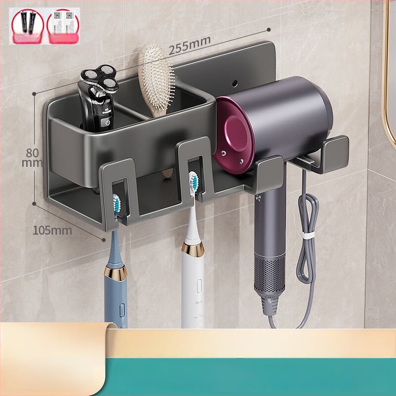 Стелаж за електрическа четка за зъби, стенен монтаж без пробиване, интегриран държач за сешоар и чаши за устата | алуминиева сплав, 15 кг носимост, 1 рафт, модерен минималистичен стил