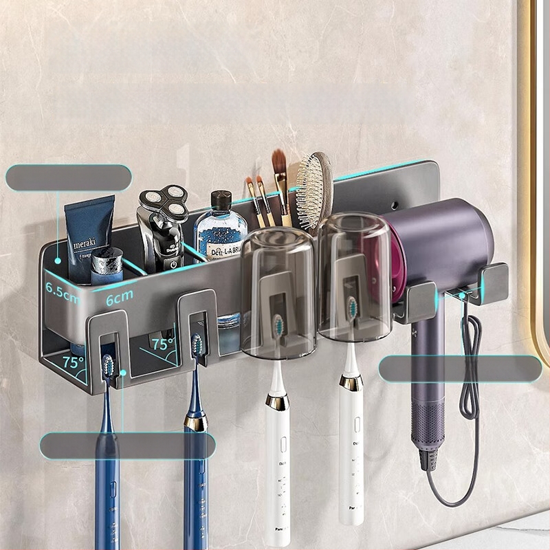 Стелаж за електрическа четка за зъби, стенен монтаж без пробиване, интегриран държач за сешоар и чаши за устата | алуминиева сплав, 15 кг носимост, 1 рафт, модерен минималистичен стил