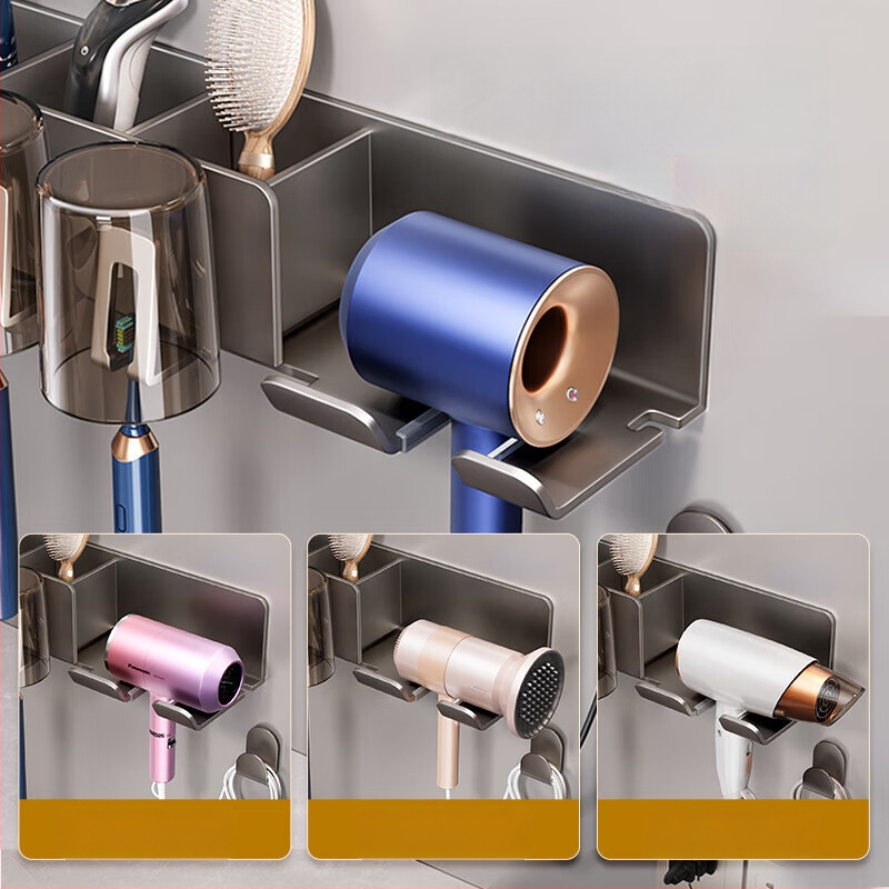 Стелаж за електрическа четка за зъби, стенен монтаж без пробиване, интегриран държач за сешоар и чаши за устата | алуминиева сплав, 15 кг носимост, 1 рафт, модерен минималистичен стил