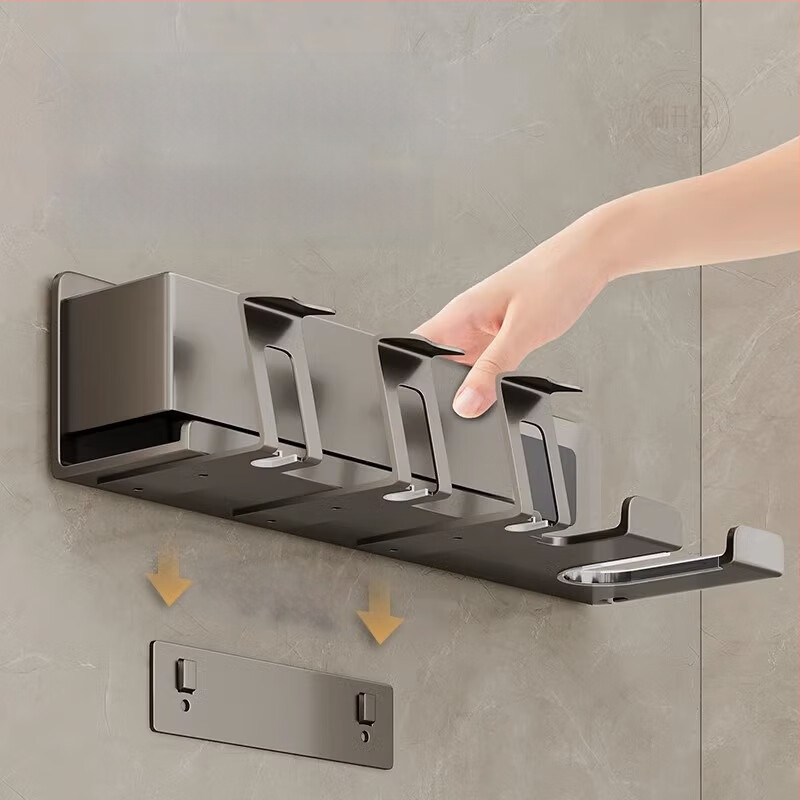 Стелаж за електрическа четка за зъби, стенен монтаж без пробиване, интегриран държач за сешоар и чаши за устата | алуминиева сплав, 15 кг носимост, 1 рафт, модерен минималистичен стил