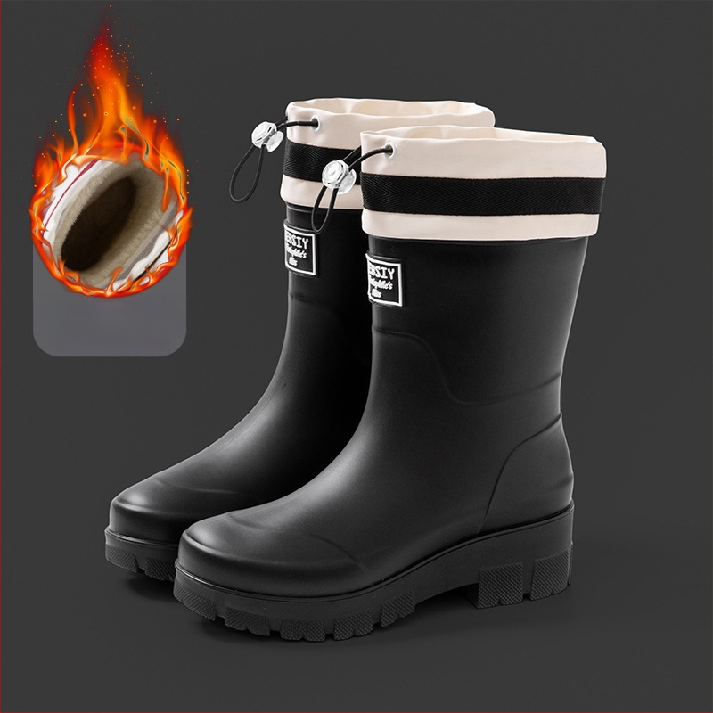 Női esőcsizma - csúszásmentes talp, középmagas cső, PVC felsőrész, pamut-velúr bélés, vastag talp