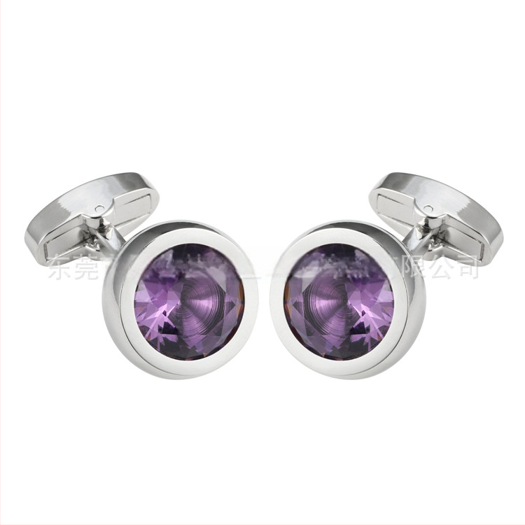 Κρίκοι μανικιών από χαλκό, unisex, στρογγυλού σχήματος, με κρυστάλλους αμέθιστου, ηλεκτροπλατινωμένοι