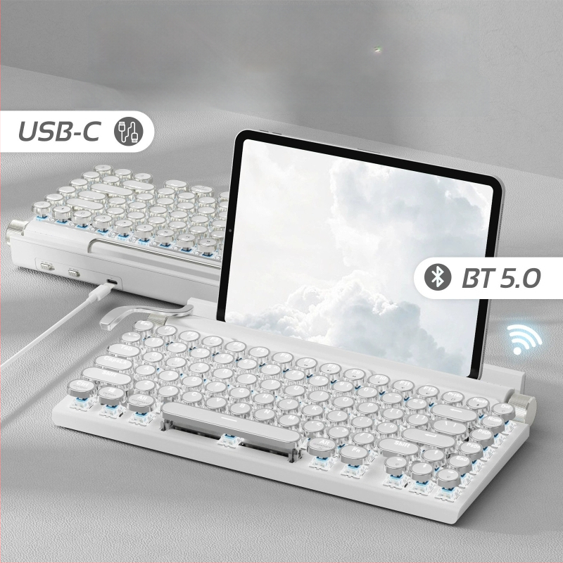 Bluetooth клавиатура с 87 клавиши, механични превключватели, водоустойчива ABS конструкция, мултицветна подсветка и свързване до 3 устройства