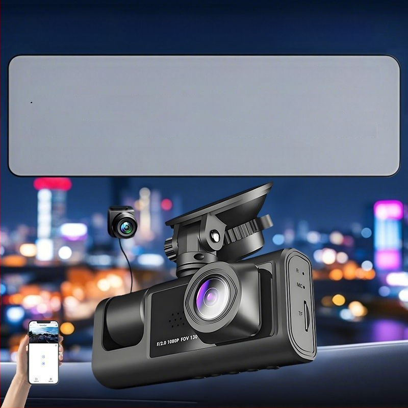 Camera de bord cu trei camere, înregistrare panoramică 360°, viziune nocturnă infraroșu, video 1080p, stocare 256GB