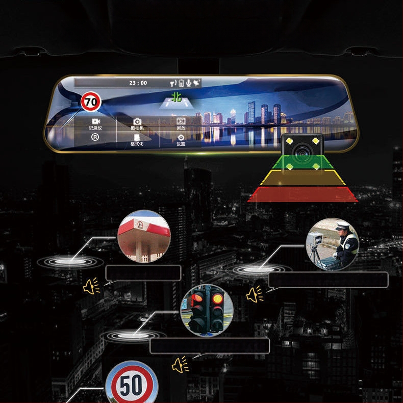 Dash cam auto 2160p cu vedere nocturnă, 360° obiectiv dual față-spate, imagine panoramică de mers înapoi, detector radar