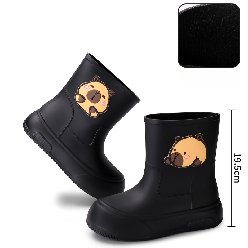 Moteriški PVC lietaus batai, vidutinio ilgio, storesnė padas, karikatūrų raštas, žemas kulnas