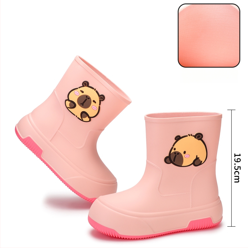 Moteriški PVC lietaus batai, vidutinio ilgio, storesnė padas, karikatūrų raštas, žemas kulnas