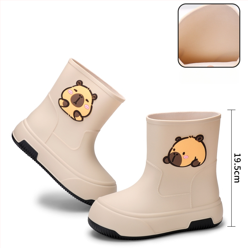 Moteriški PVC lietaus batai, vidutinio ilgio, storesnė padas, karikatūrų raštas, žemas kulnas