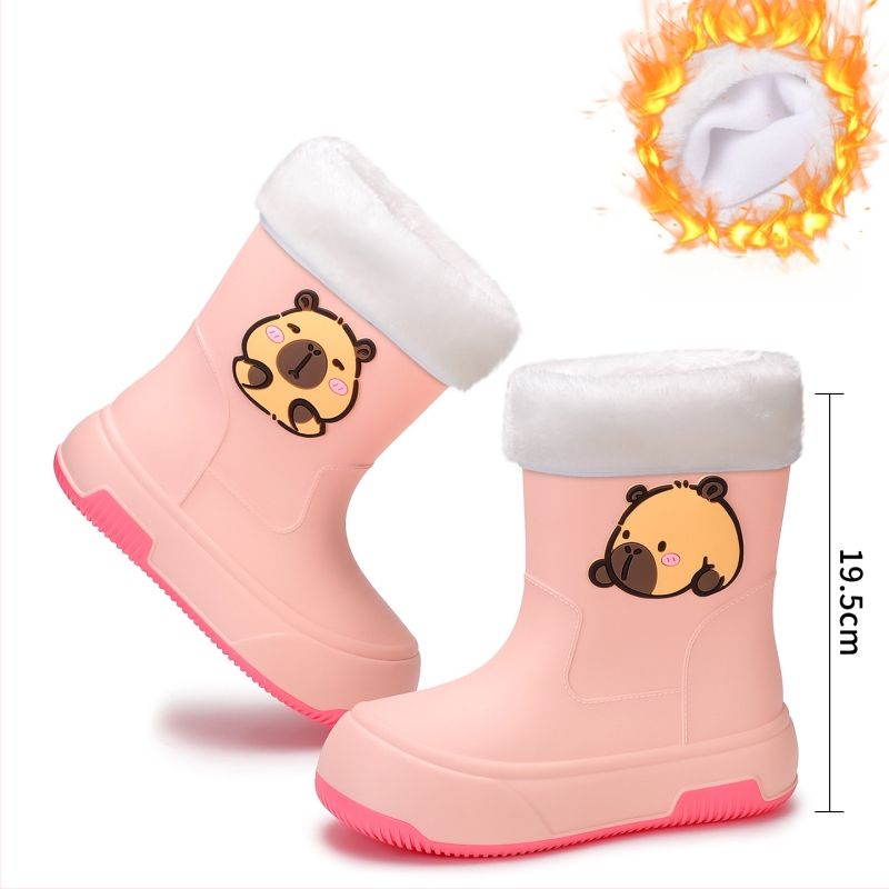 Moteriški PVC lietaus batai, vidutinio ilgio, storesnė padas, karikatūrų raštas, žemas kulnas