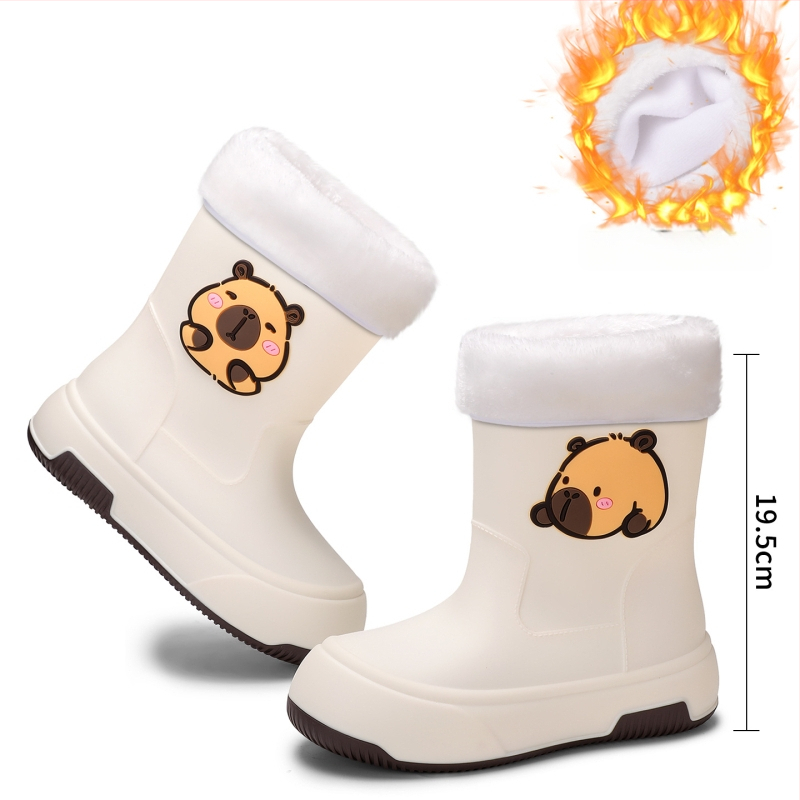 Moteriški PVC lietaus batai, vidutinio ilgio, storesnė padas, karikatūrų raštas, žemas kulnas