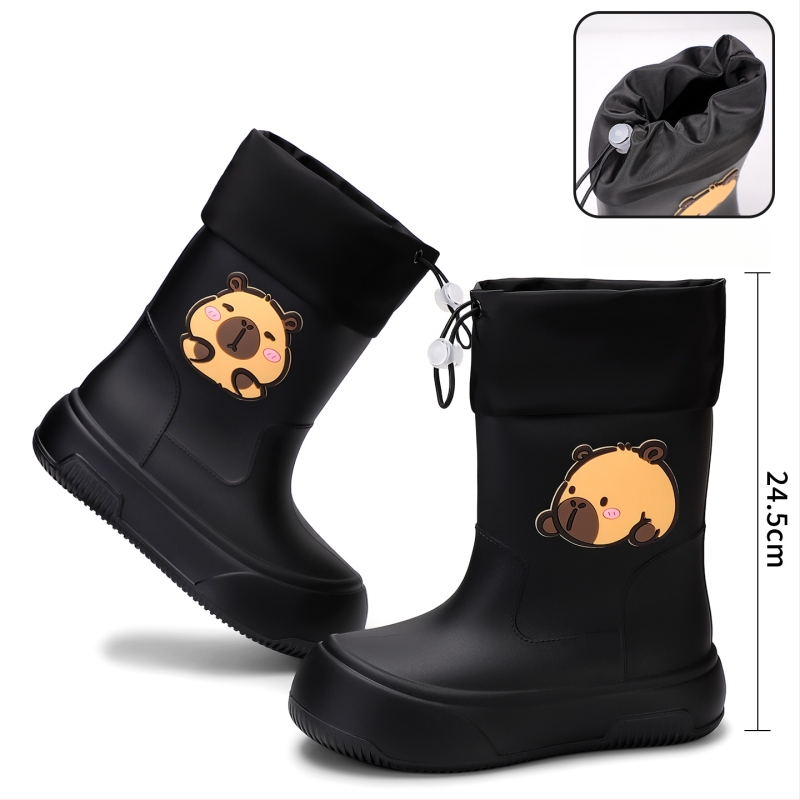 Moteriški PVC lietaus batai, vidutinio ilgio, storesnė padas, karikatūrų raštas, žemas kulnas