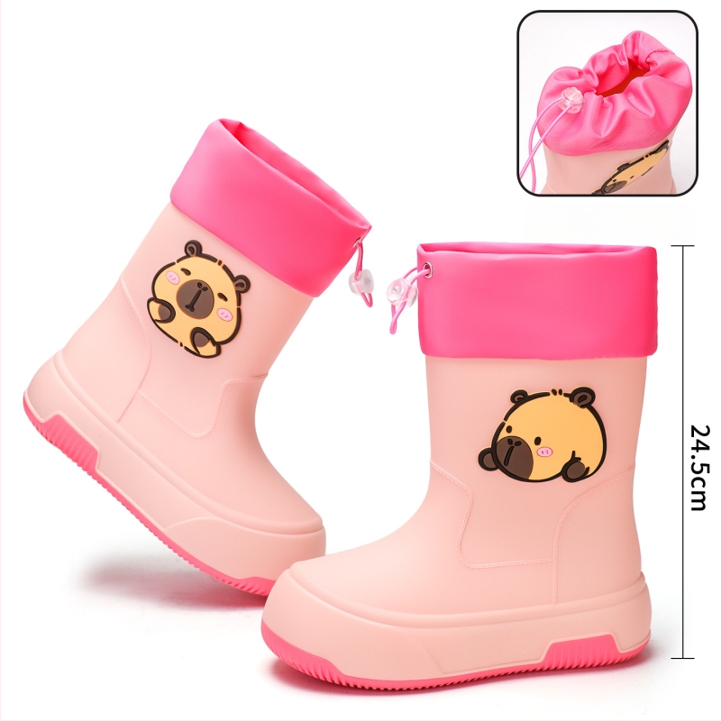 Moteriški PVC lietaus batai, vidutinio ilgio, storesnė padas, karikatūrų raštas, žemas kulnas