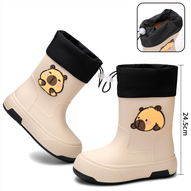 Moteriški PVC lietaus batai, vidutinio ilgio, storesnė padas, karikatūrų raštas, žemas kulnas