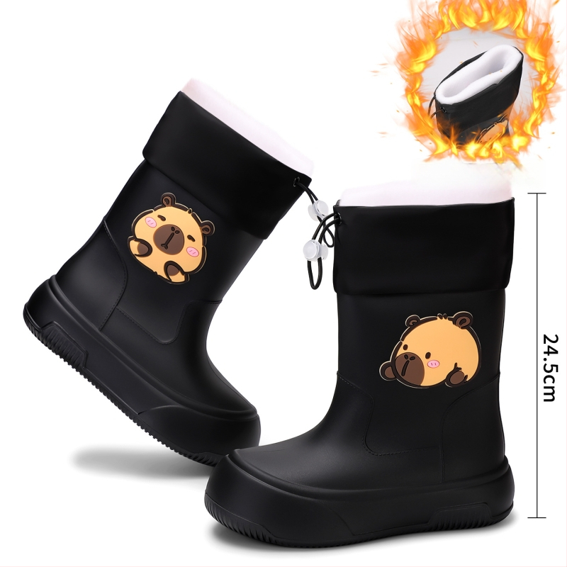 Moteriški PVC lietaus batai, vidutinio ilgio, storesnė padas, karikatūrų raštas, žemas kulnas