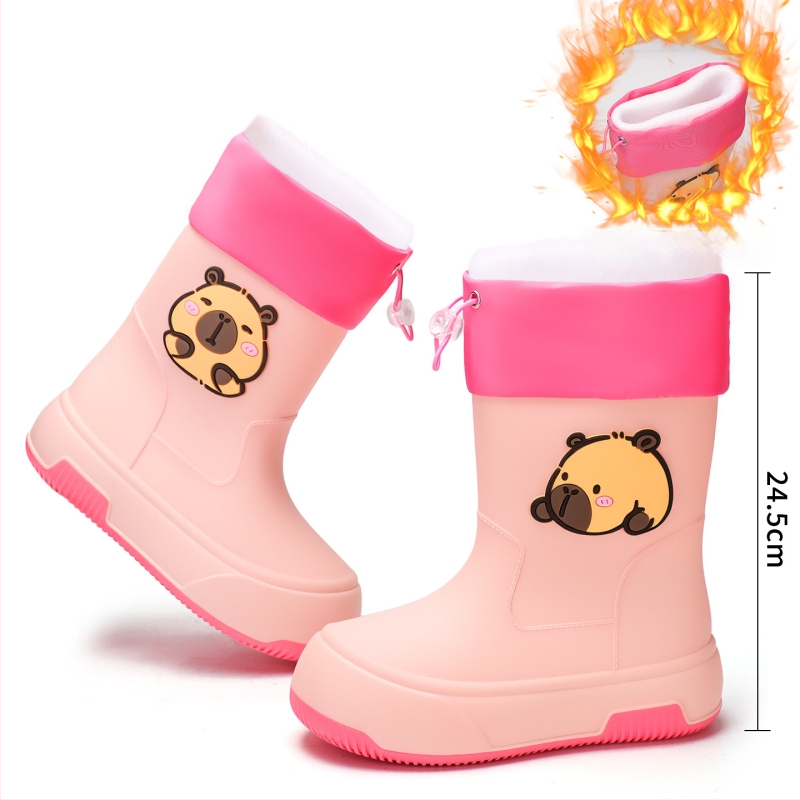 Moteriški PVC lietaus batai, vidutinio ilgio, storesnė padas, karikatūrų raštas, žemas kulnas