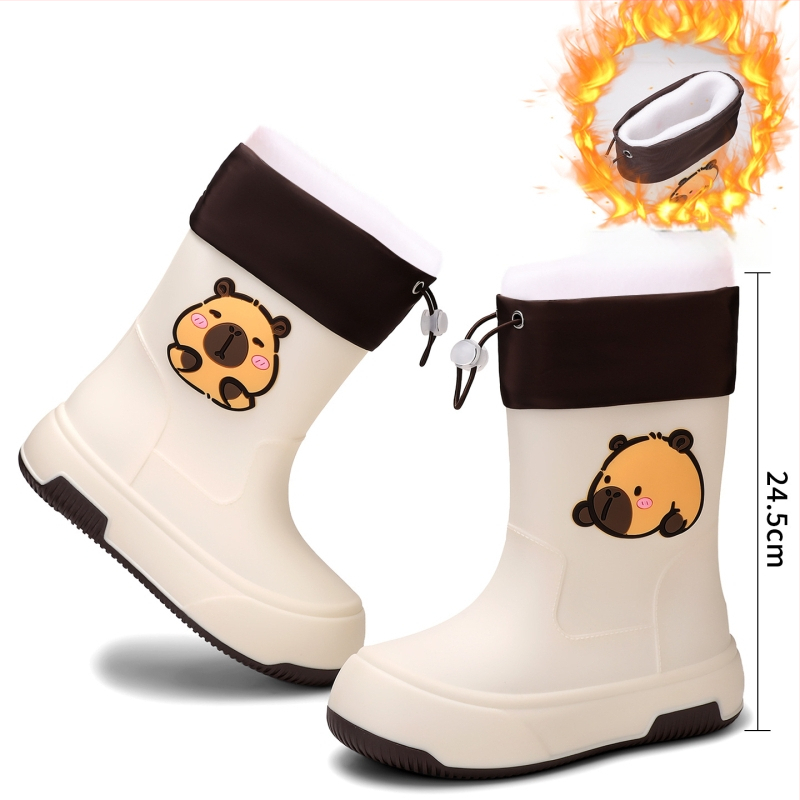 Moteriški PVC lietaus batai, vidutinio ilgio, storesnė padas, karikatūrų raštas, žemas kulnas