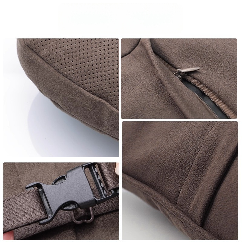 Automobiļu galvas balsts un jostas spilvens — velūra materiāls, dabisko šķiedru pildījums, universāla automašīnu saderība, pielāgojams, vissezonu lietošanai