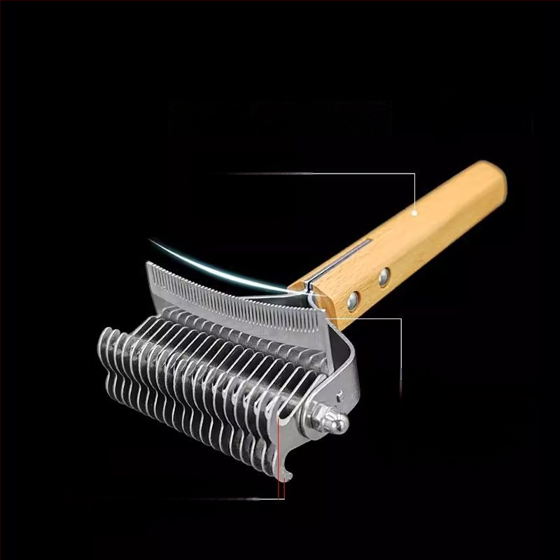 Pieptene dublu față, curbat pentru descurcarea nodurilor și îndepărtarea părului la câinii cu blană lungă – multifuncțional