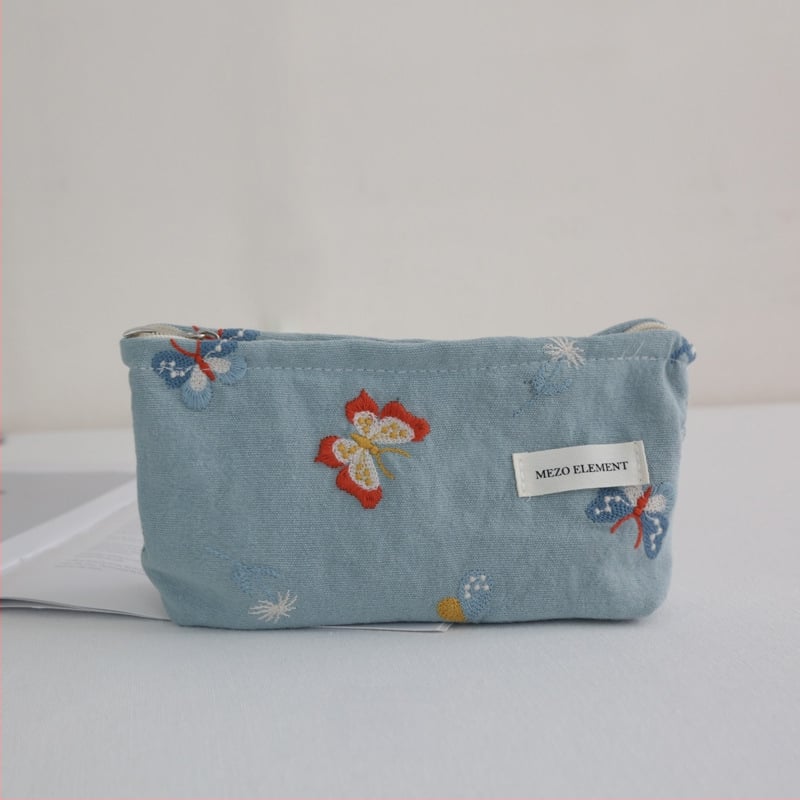 Козметична чанта с бродерия, флорална шарка, памук и лен, подплата от памук