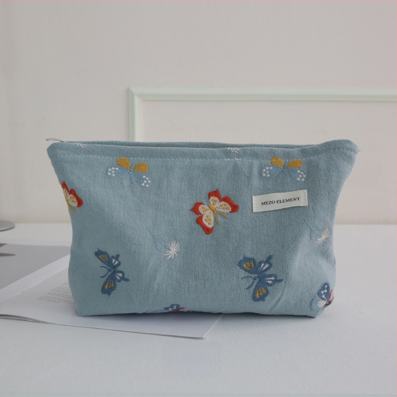 Козметична чанта с бродерия, флорална шарка, памук и лен, подплата от памук