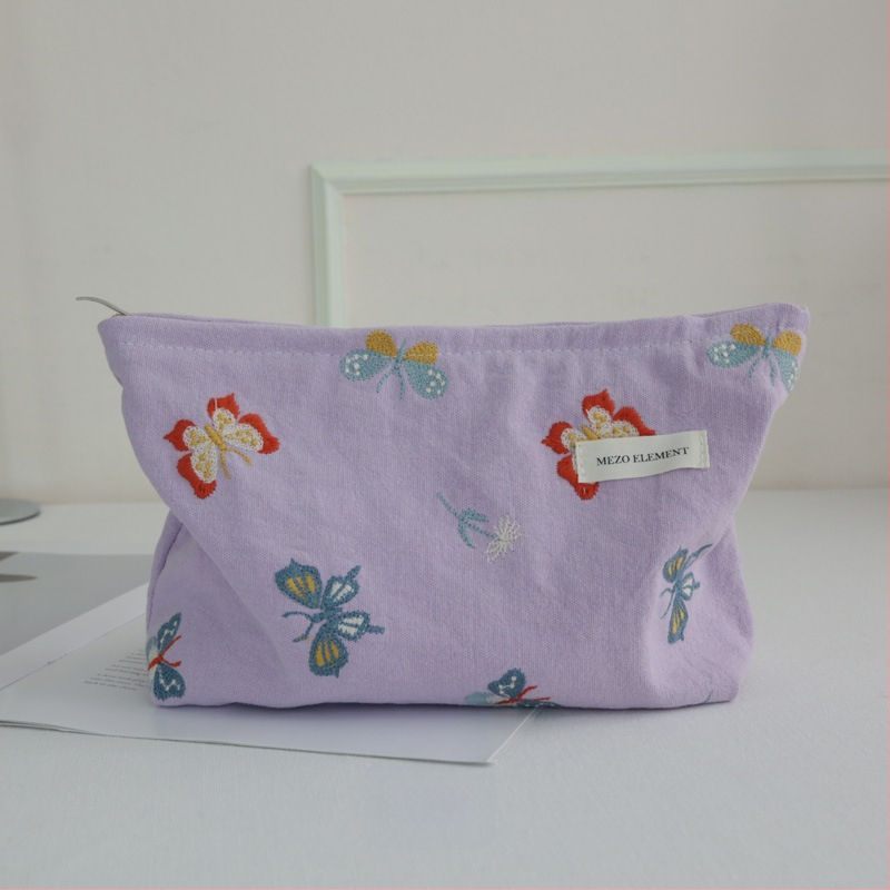 Козметична чанта с бродерия, флорална шарка, памук и лен, подплата от памук